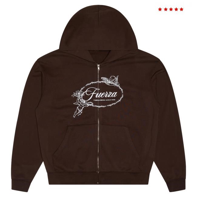 Official Fuerza Regida Merch Store Angelitos Rhinestone - Zip Hoodies Brown