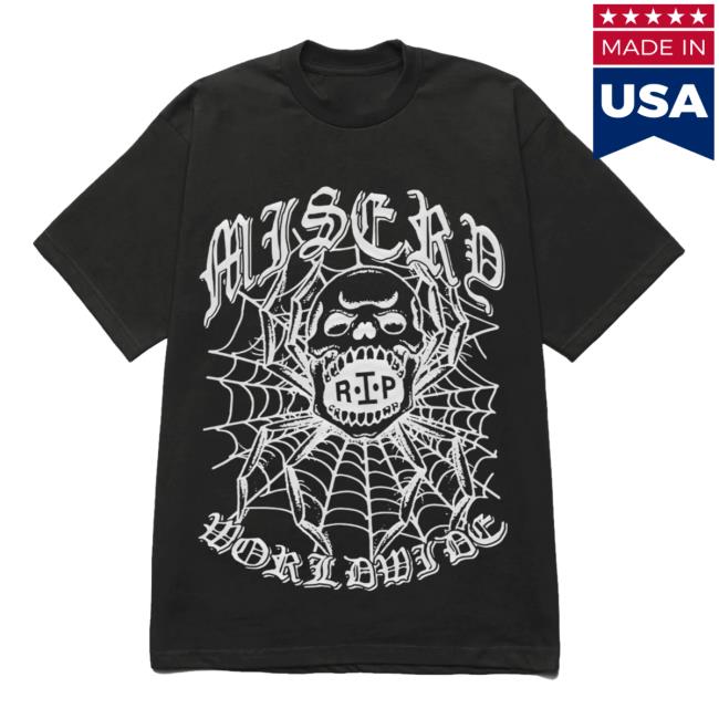 Official Misery Worldwide Misery Spider Skull Graphic Print Black Tees