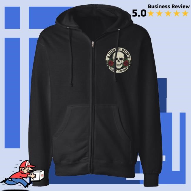 Official 3 Doors Down Merch Snake Skull Skull And Roses Zip Hoodie