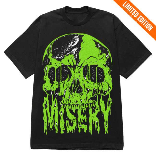 Official Misery Worldwide Skull Drip Graphic Print Black Green Top Shirt