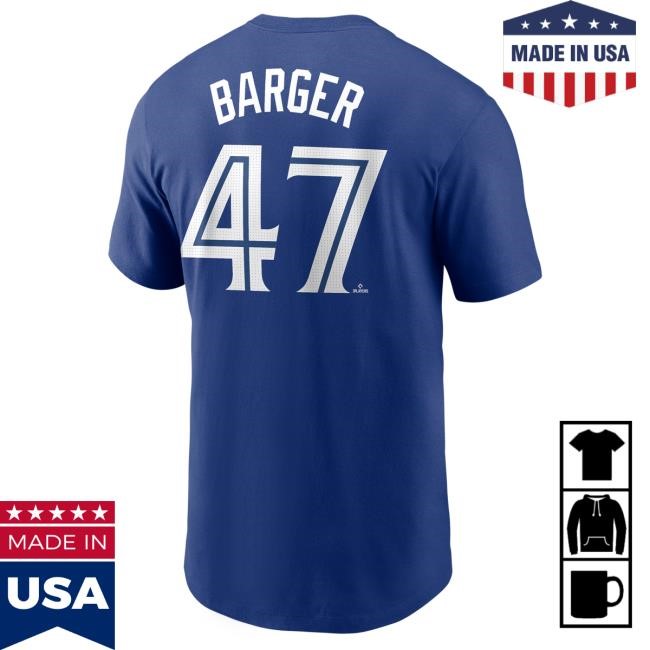 Official MLB Shop Men's Toronto Blue Jays Addison Barger Nike Royal Fuse Name & Number Tshirt Toronto Blue Jays Merch