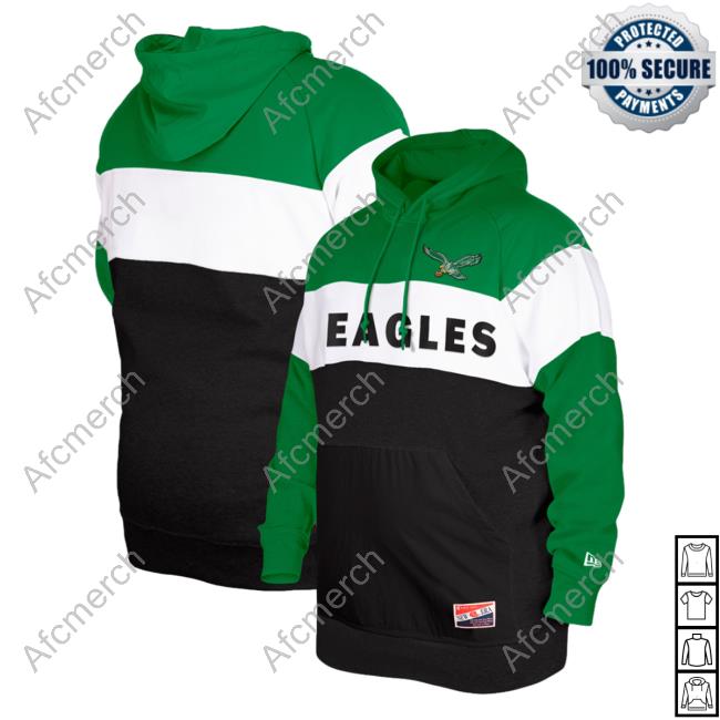 Official PhiladelphiaEagles Clothing Merch Store Shop New Era Kelly Green Philadelphia Eagles Throwback Colorblocked Pullover Hoodie 3D